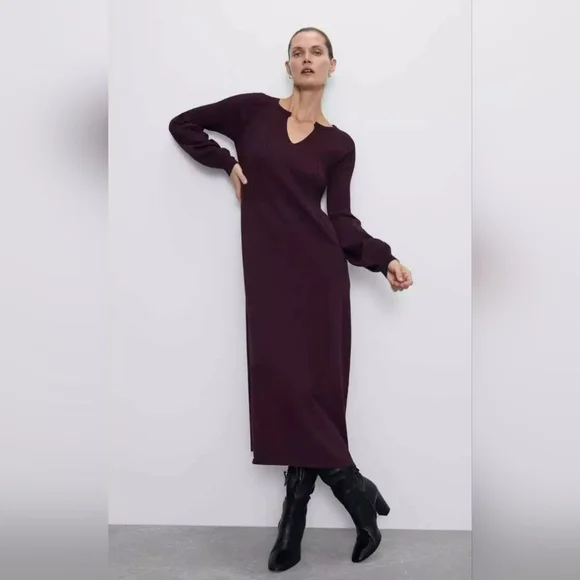 Zara Ribbed Balloon Sleeve Maroon Knit Dress Large Jumper Sweater Maxi Stretch - Picture 7 of 11